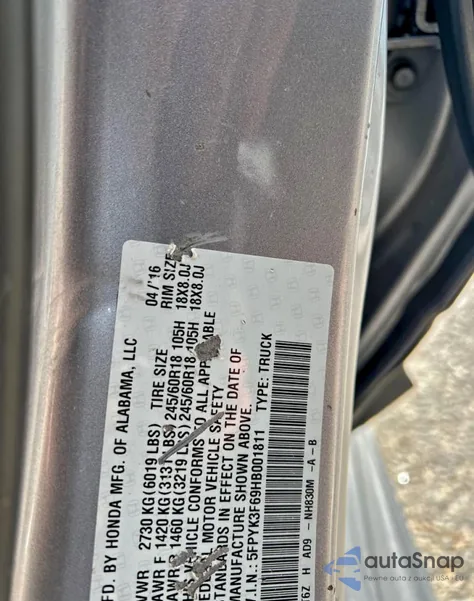 2017 Honda Ridgeline Rtl-T z USA, uszkodzony, nr VIN 5FPYK3F69HB001811